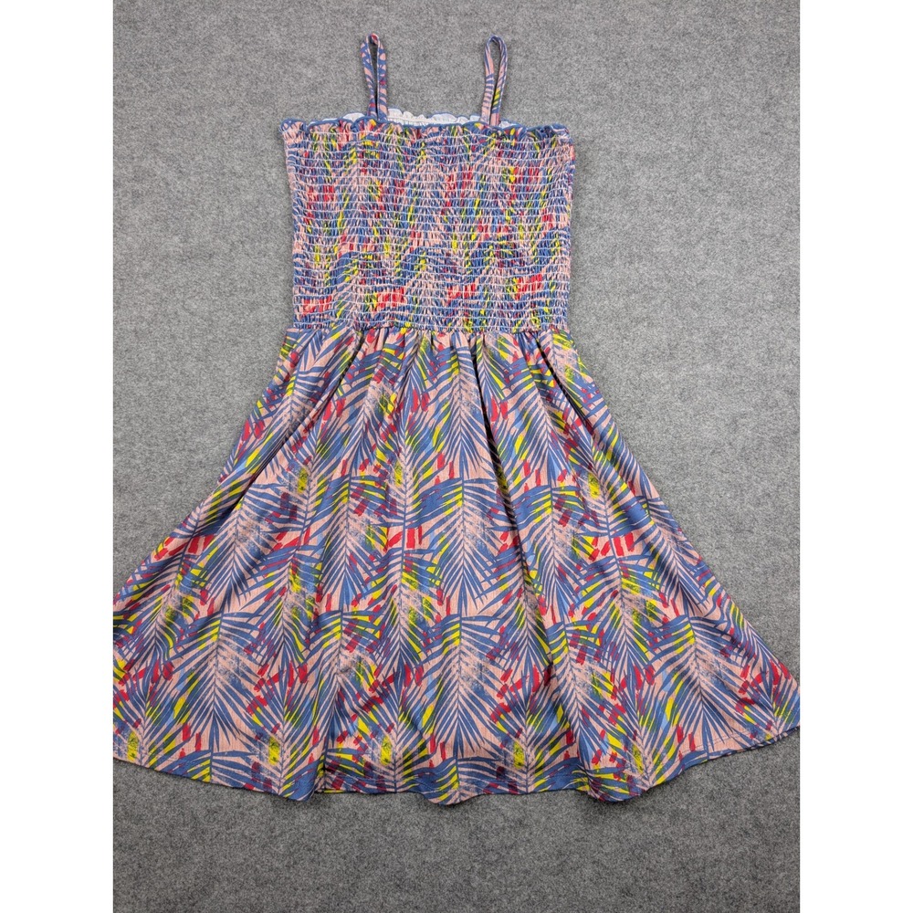 BCBGIRLS Girls Tropical Palm Print Smocked Bodice Sundress Blue Pink Size 12 - Picture 3 of 11